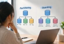 Minimalist illustration comparing database sharding and partitioning for managing large datasets.