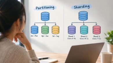 Minimalist illustration comparing database sharding and partitioning for managing large datasets.