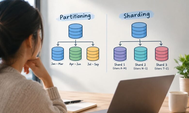 Minimalist illustration comparing database sharding and partitioning for managing large datasets.