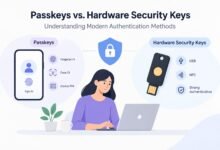 Minimalist illustration comparing passkeys on smartphones with hardware security keys for secure authentication.
