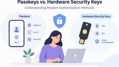 Minimalist illustration comparing passkeys on smartphones with hardware security keys for secure authentication.