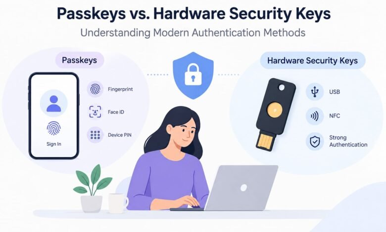 Minimalist illustration comparing passkeys on smartphones with hardware security keys for secure authentication.
