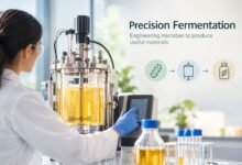 Precision fermentation using engineered microbes to produce useful materials