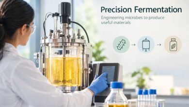 Precision fermentation using engineered microbes to produce useful materials
