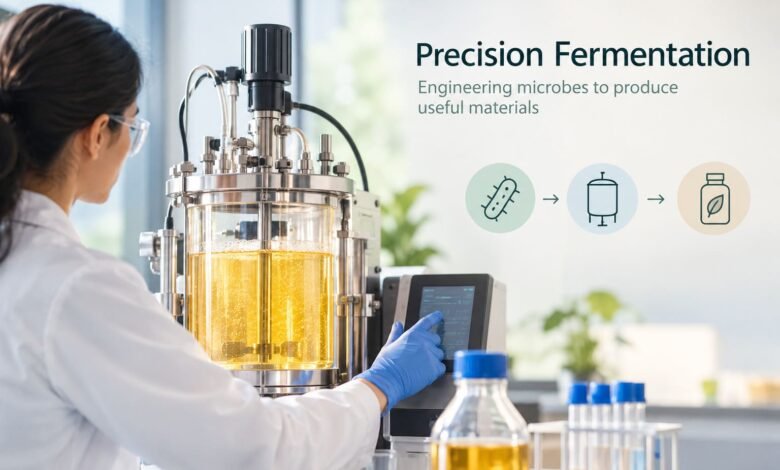 Precision fermentation using engineered microbes to produce useful materials